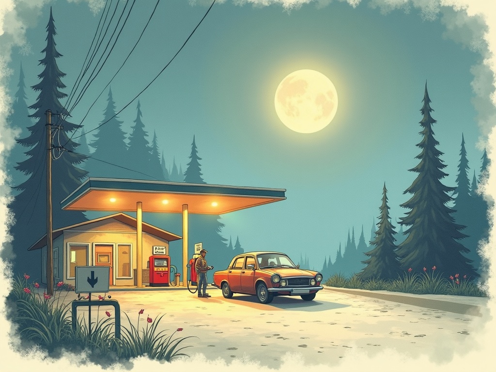 Ilustracja snu: ciemna stacja benzynowa